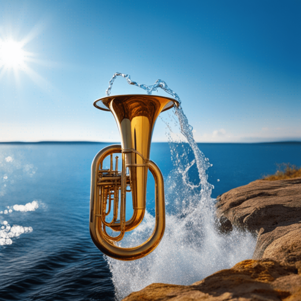 AI generated tuba springing up from the sea near a rocky cove.
